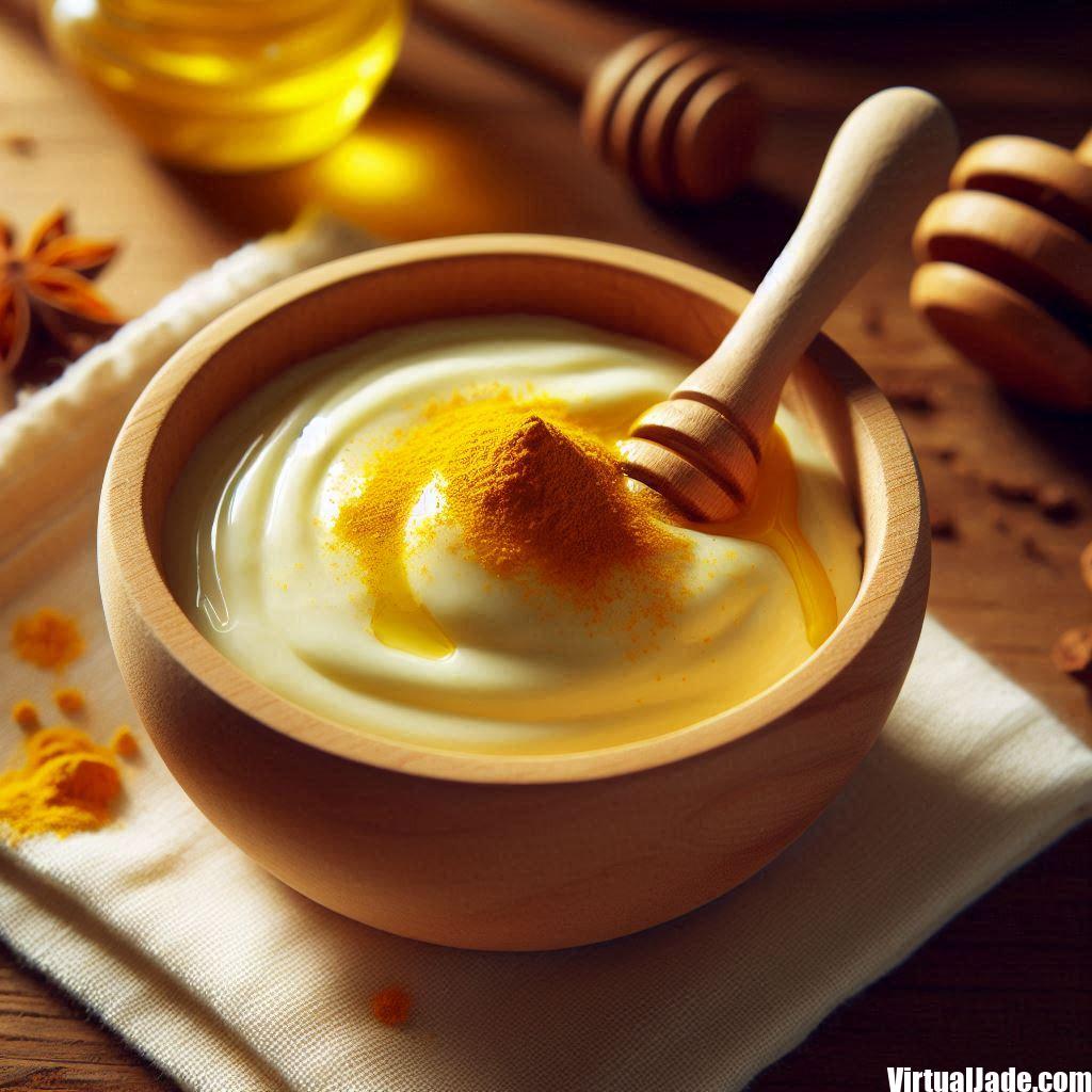 A small wooden bowl filled with a homemade facemask made of plain yogurt and honey mixed together, with a teaspoon of turmeric powder added for brightening